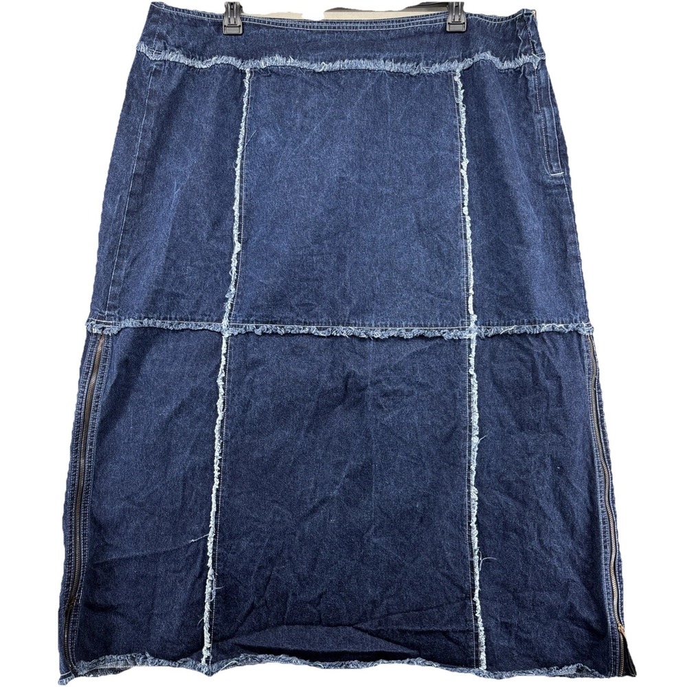 Ashley Stewart Denim Jean Skirt 26W Plus Size Patchwork Raw Hem Zip Detail Y2K - Picture 2 of 14
